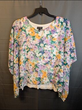 Floral V-Neck Sheer Overlay Top in Purple & Yellow